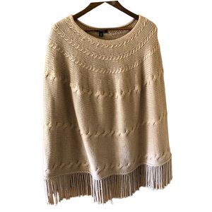 Land's End Wool Blend Cable Knit Poncho/Cape with Fringe. Large